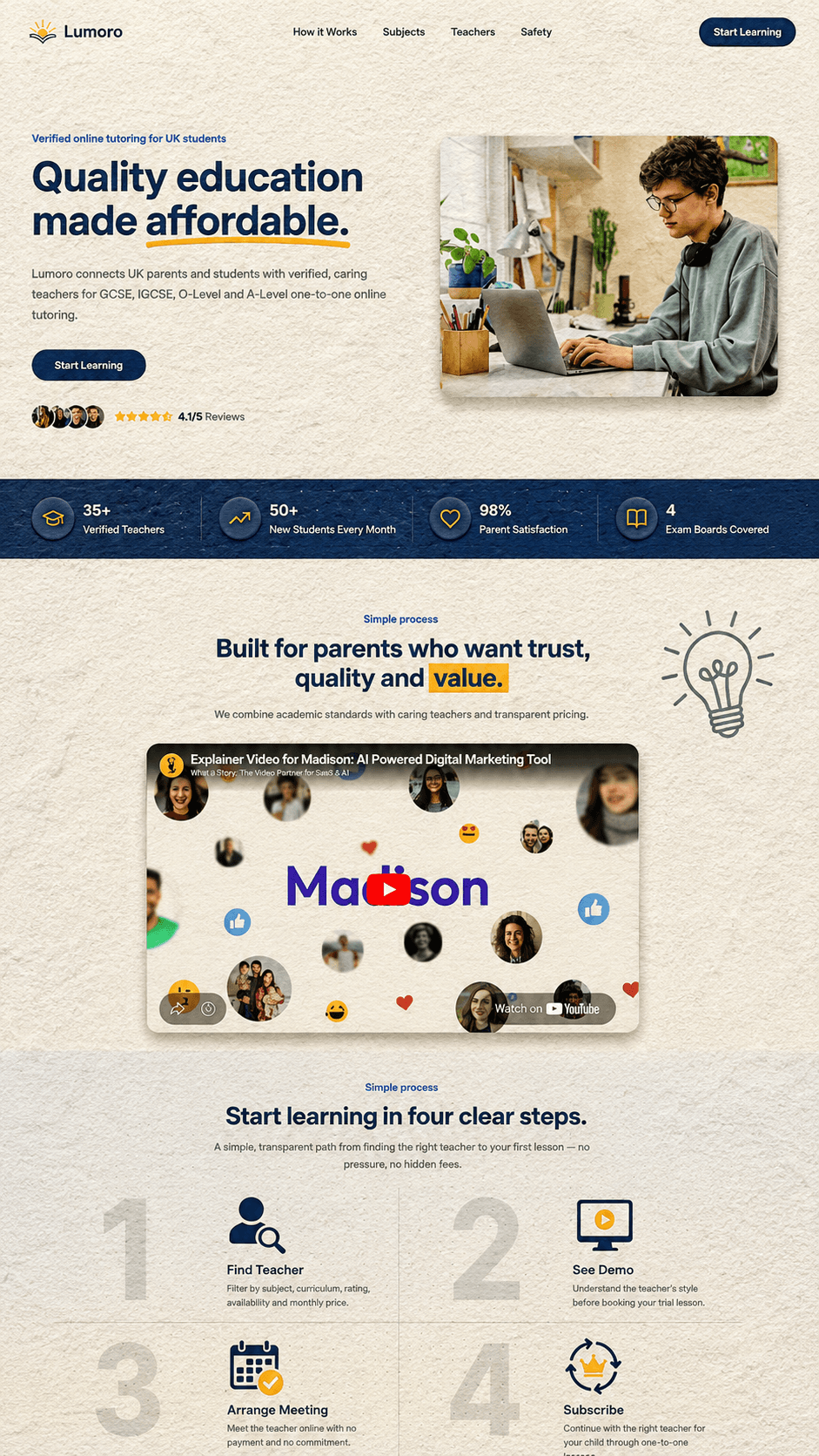 Lumoro online tutoring landing page hero with student imagery.